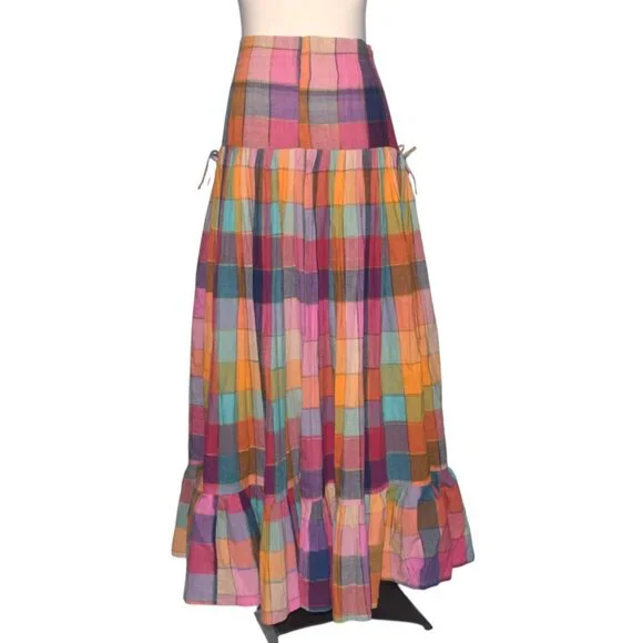 Norma Kamali Vintage 80s Rainbow Plaid Madras Ruffle Skirt Cottagecore Boho S M - Picture 7 of 9